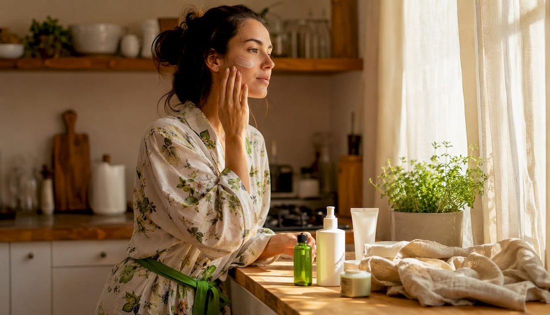 Woman applying sunscreen in bright bathroom