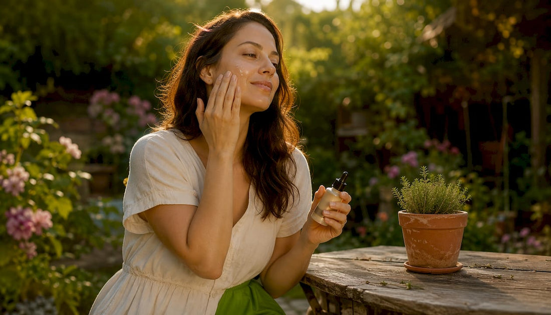Woman applying copper peptide serum on face