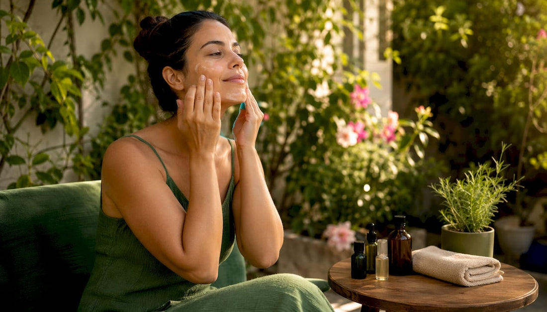 Woman applying copper peptide serum skincare