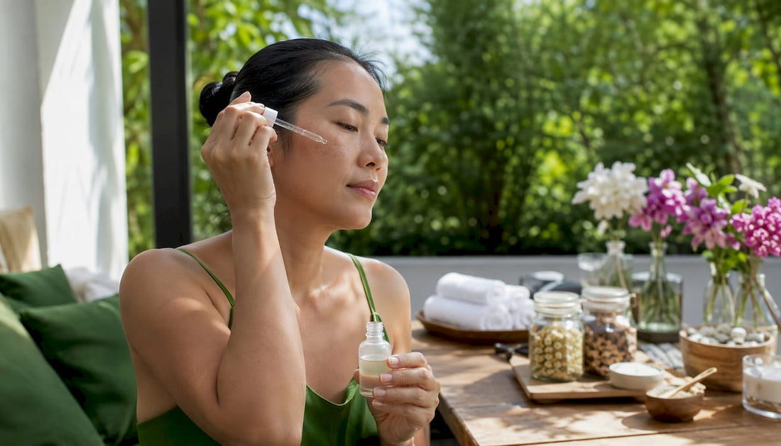 Consultant applying dry skin serum in clinic