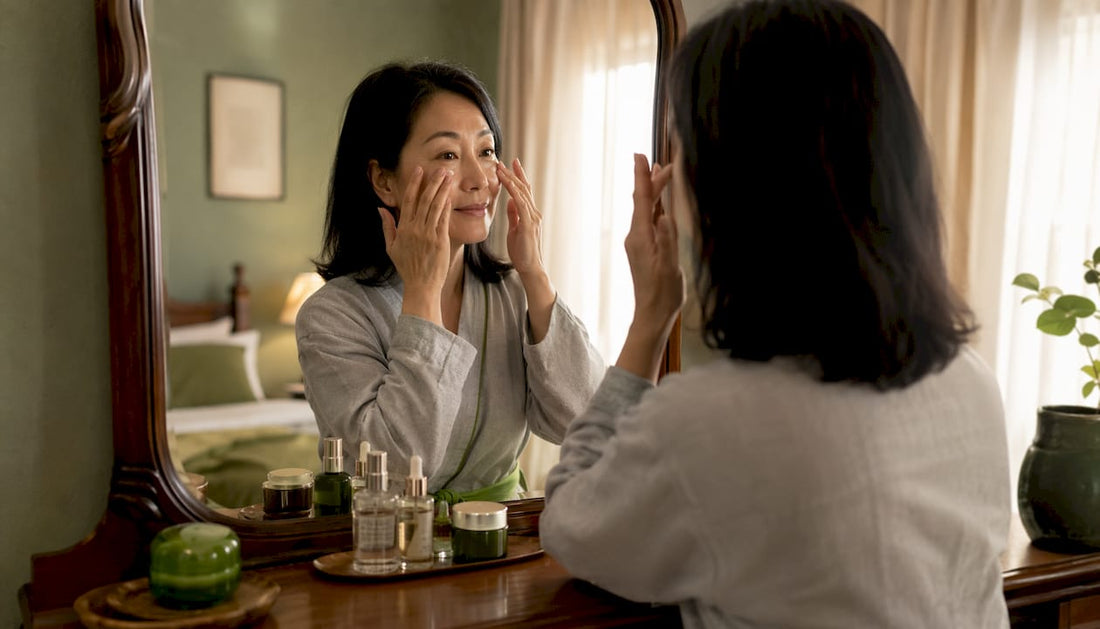 Woman applying wrinkle serum in bathroom