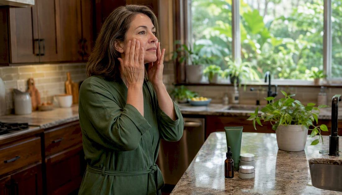 Woman applying morning moisturizer in bathroom