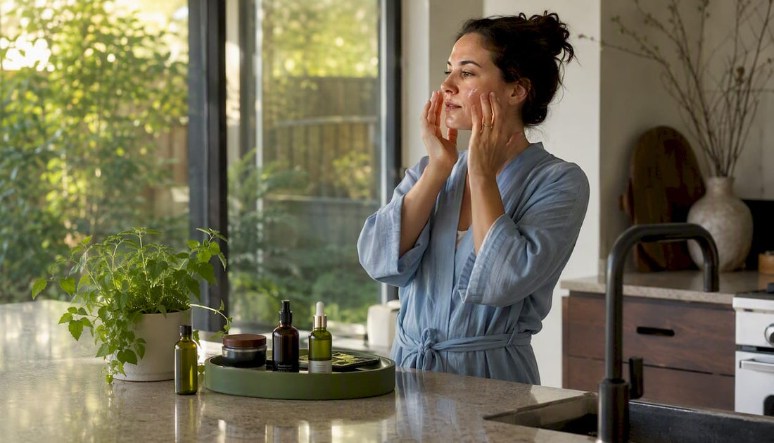 Woman applying copper peptide serum at vanity