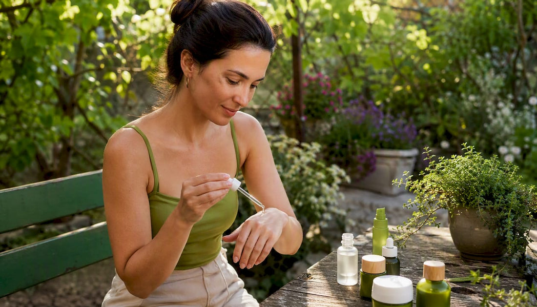 Woman applying peptide firming serum on hand