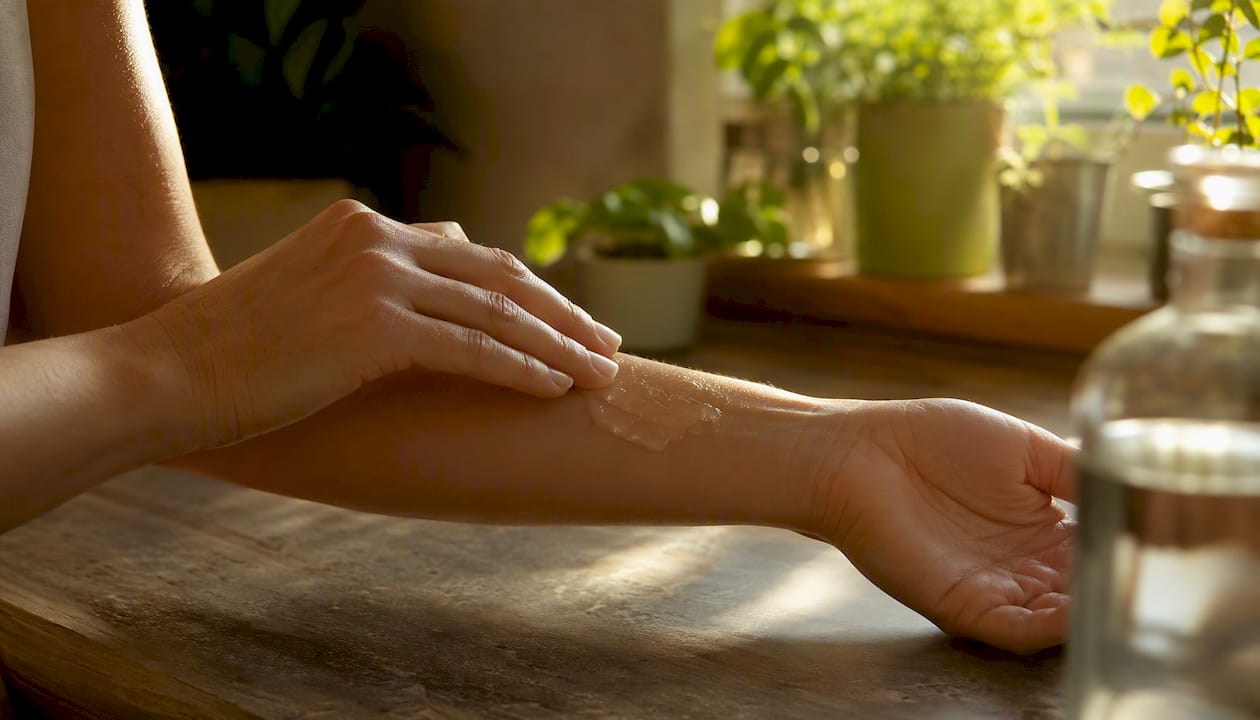 Hands applying anti-aging serum on forearm