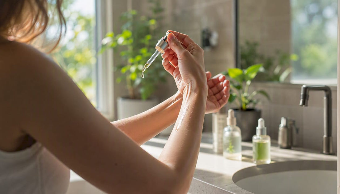 Hands applying copper peptide serum