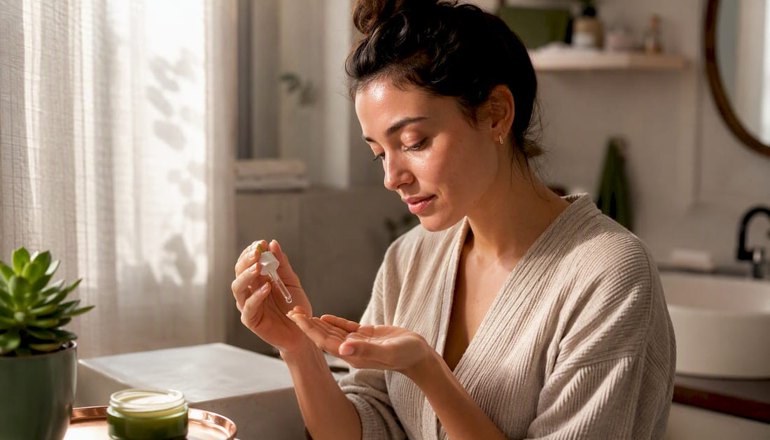 Hands applying serum and moisturizer on skin