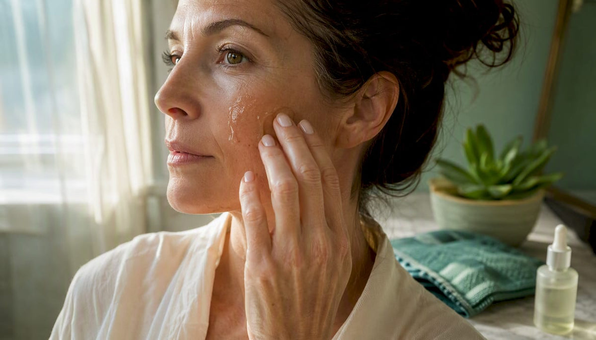 Woman applying copper peptide serum on face