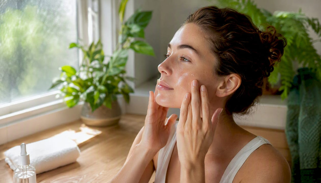 Hands applying peptide serum on face