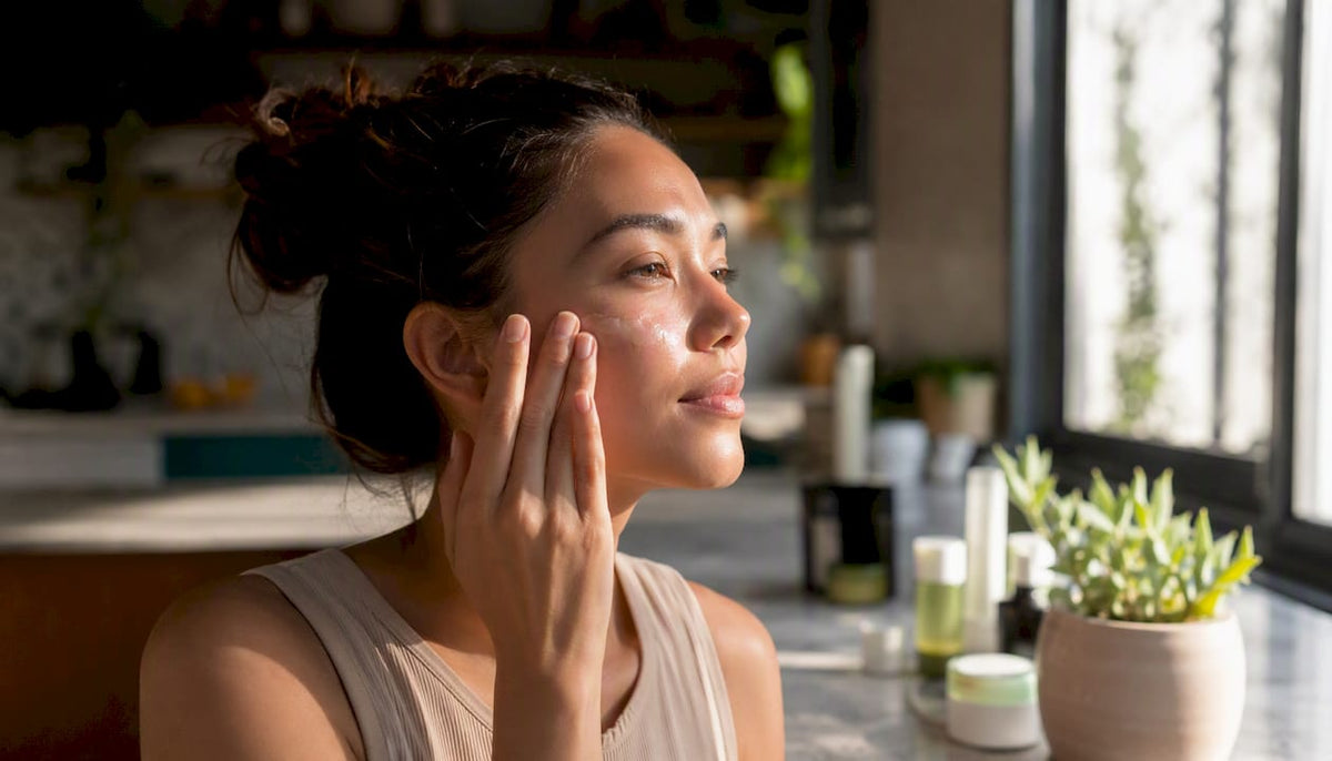 Close-up of serum applied to cheek skin