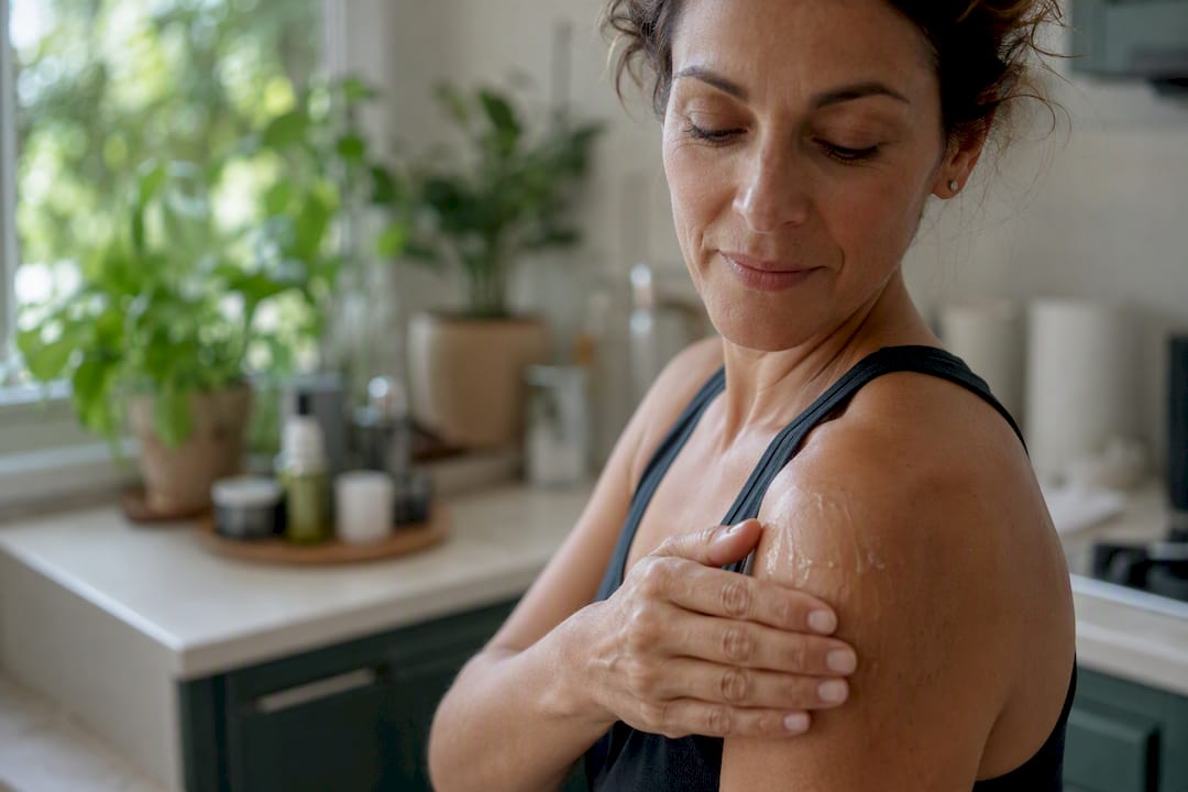 Woman applying copper peptide serum to arm