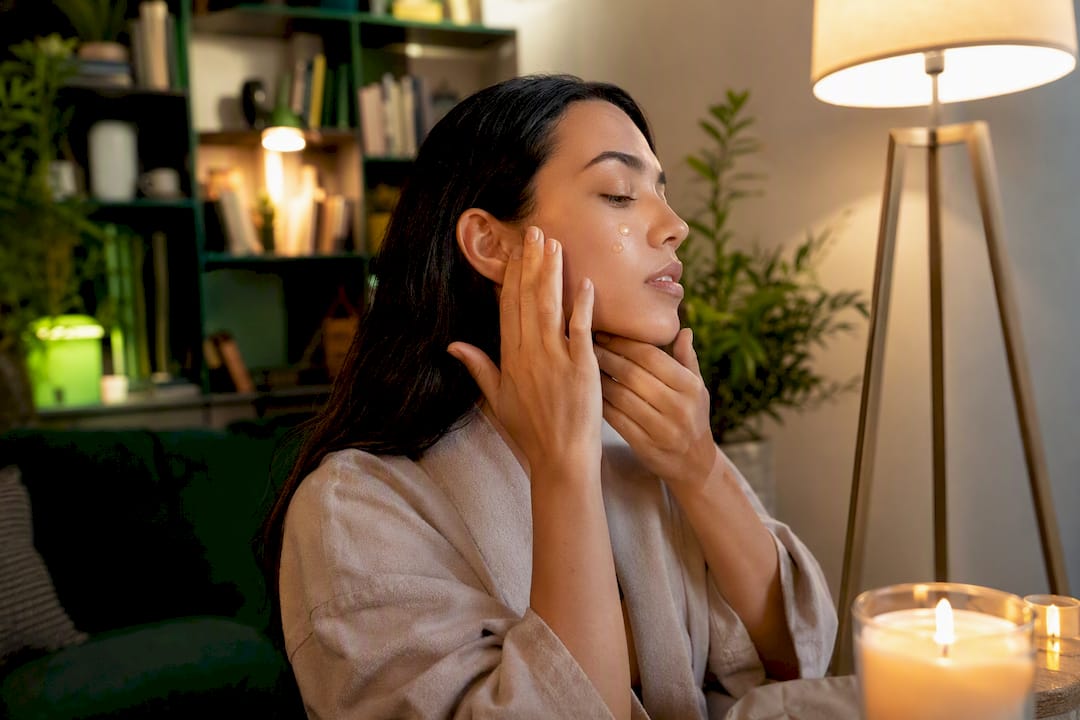 Hands applying vitamin C and copper peptide serums separately