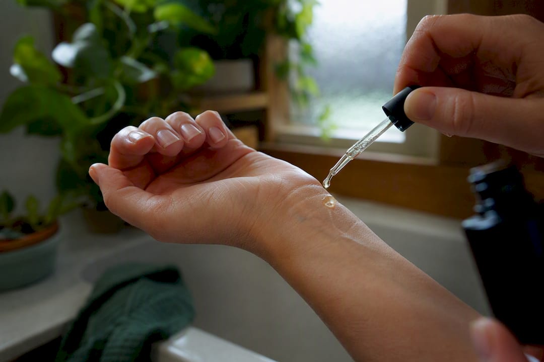 Hand applying copper peptide serum drop