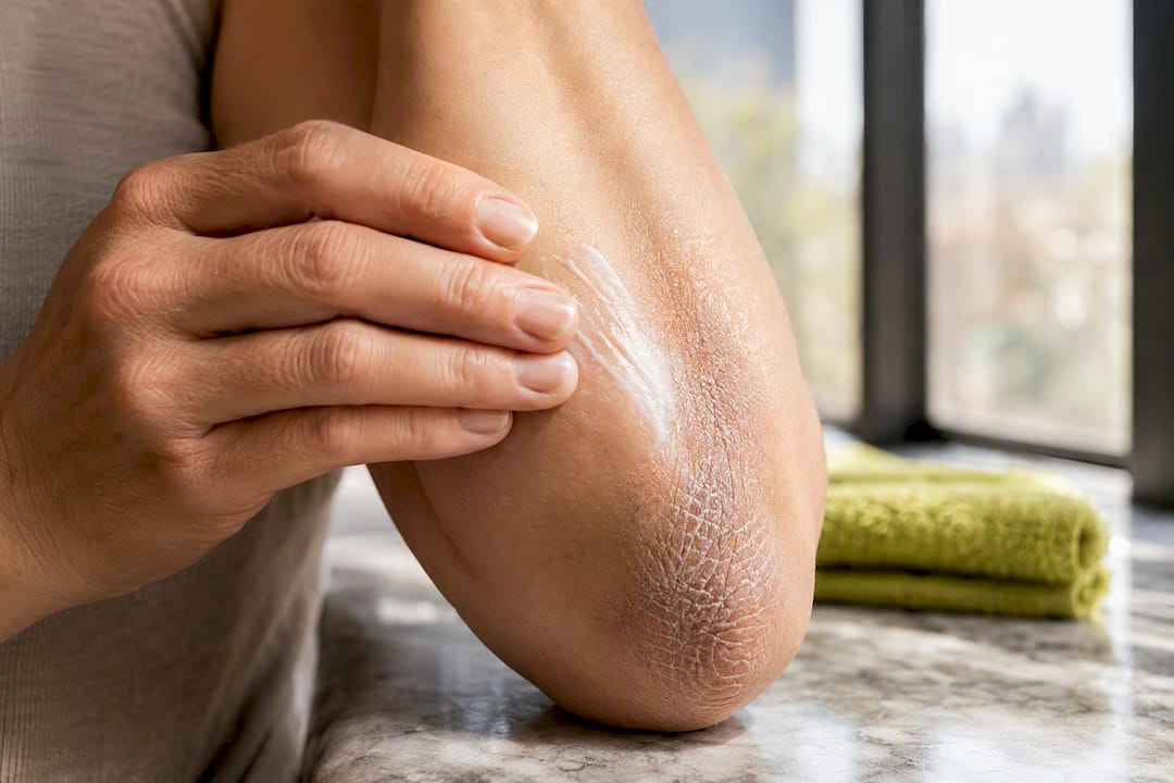 Moisturizer applied to rough elbow skin
