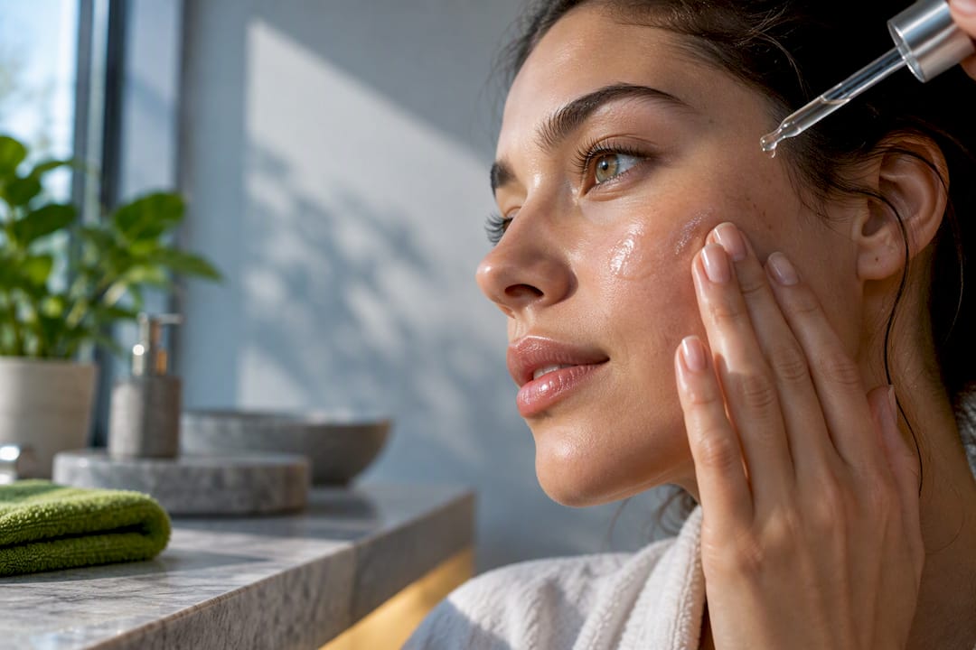 Fingertips layering serum on cheek
