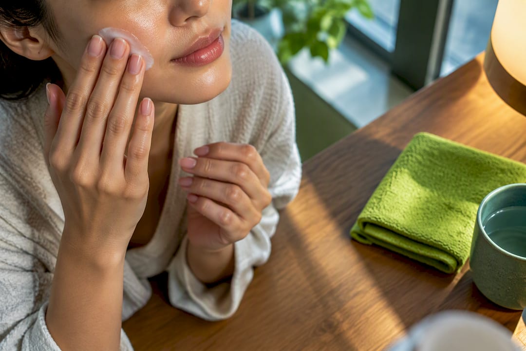 Hands applying moisturizer to damp cheek