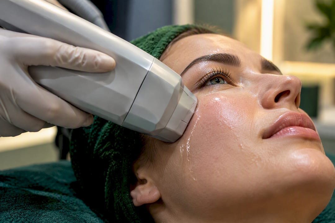 Clinician performing ultrasound cheek treatment