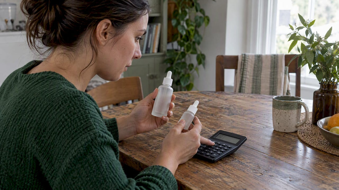 Serum bottle sizes compared beside a calculator