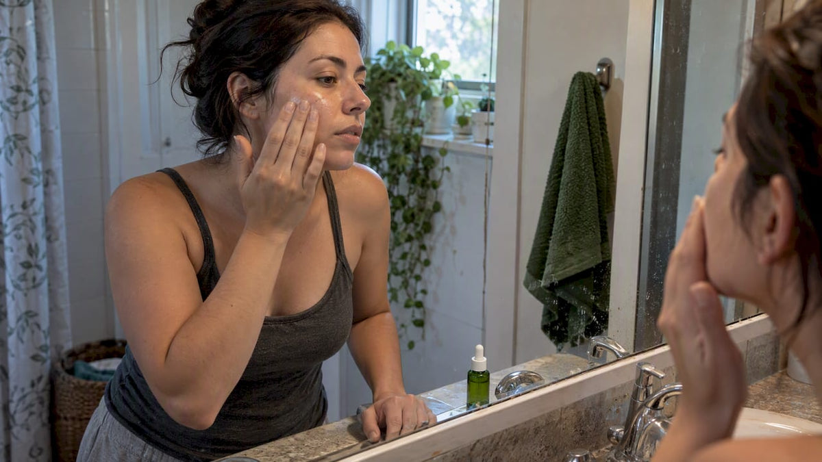 Woman applying one serum beside bathroom sink