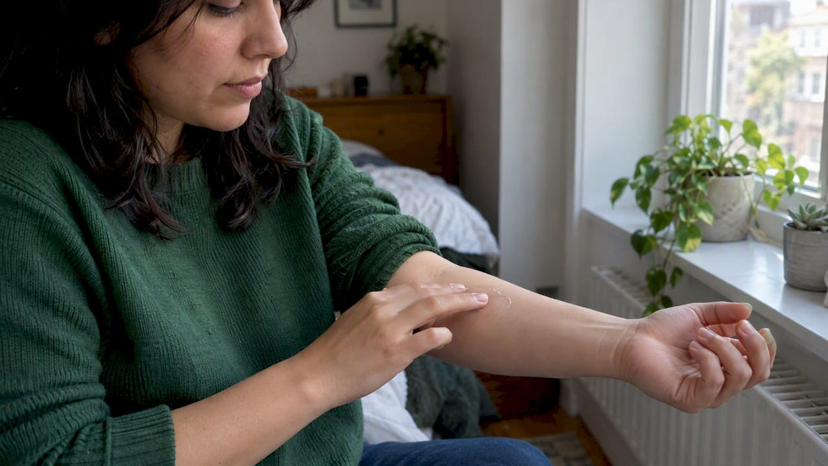 Woman applying serum to forearm for patch test