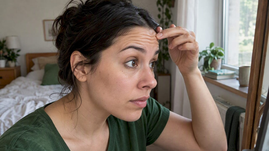 Woman examining forehead lines at home